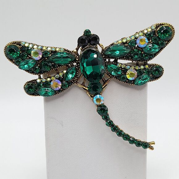 Dragonfly Large Brooch Pin Green Crystal Rhinestone Jewelry - Picture 12 of 13